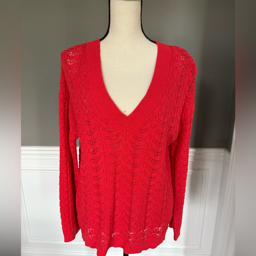Anthropologie Flat White V-Neck Pointelle Sweater